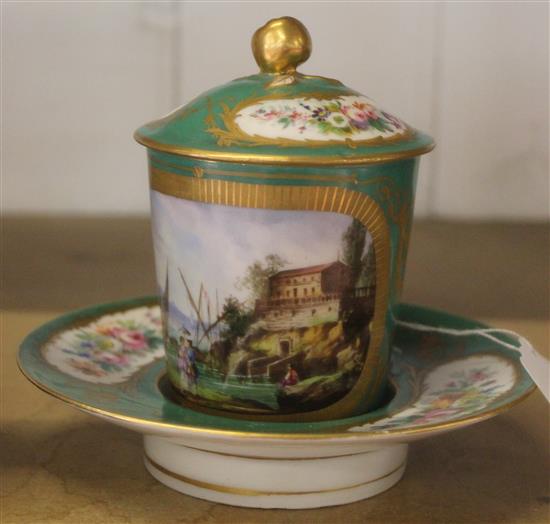 Sevres style chocolate cup, cover and stand